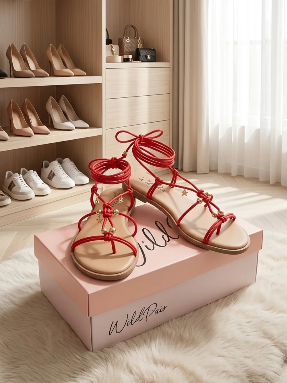 Wild Pair Red Lace-Up Star Charm Flat Sandals